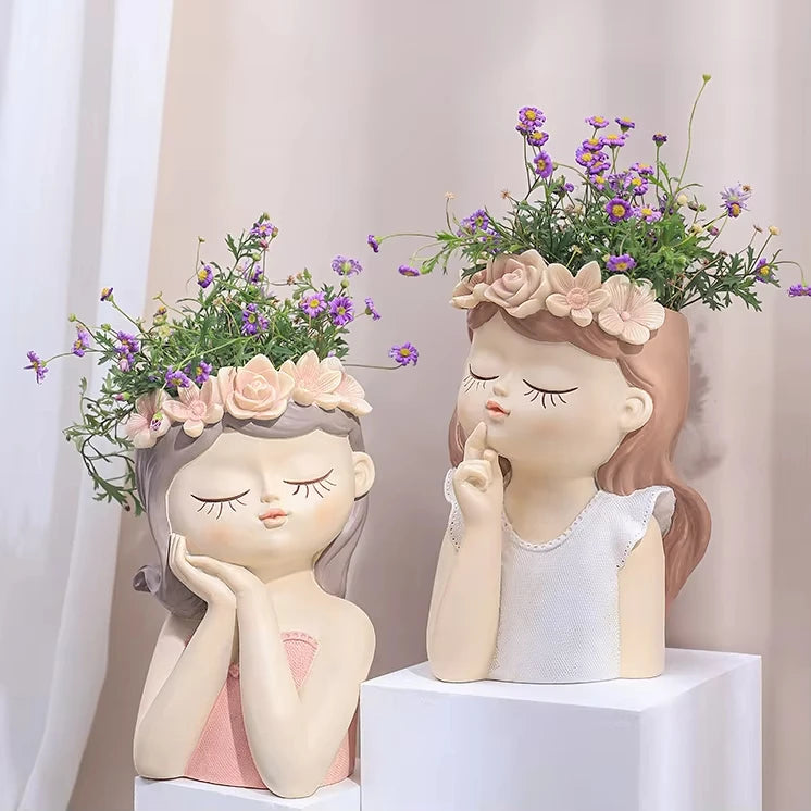 Hot Selling Cartoon Fairy Resin Vase Sculpture Handicraft Home Decoration Flower Pots Planter with Plant Resin Crafts