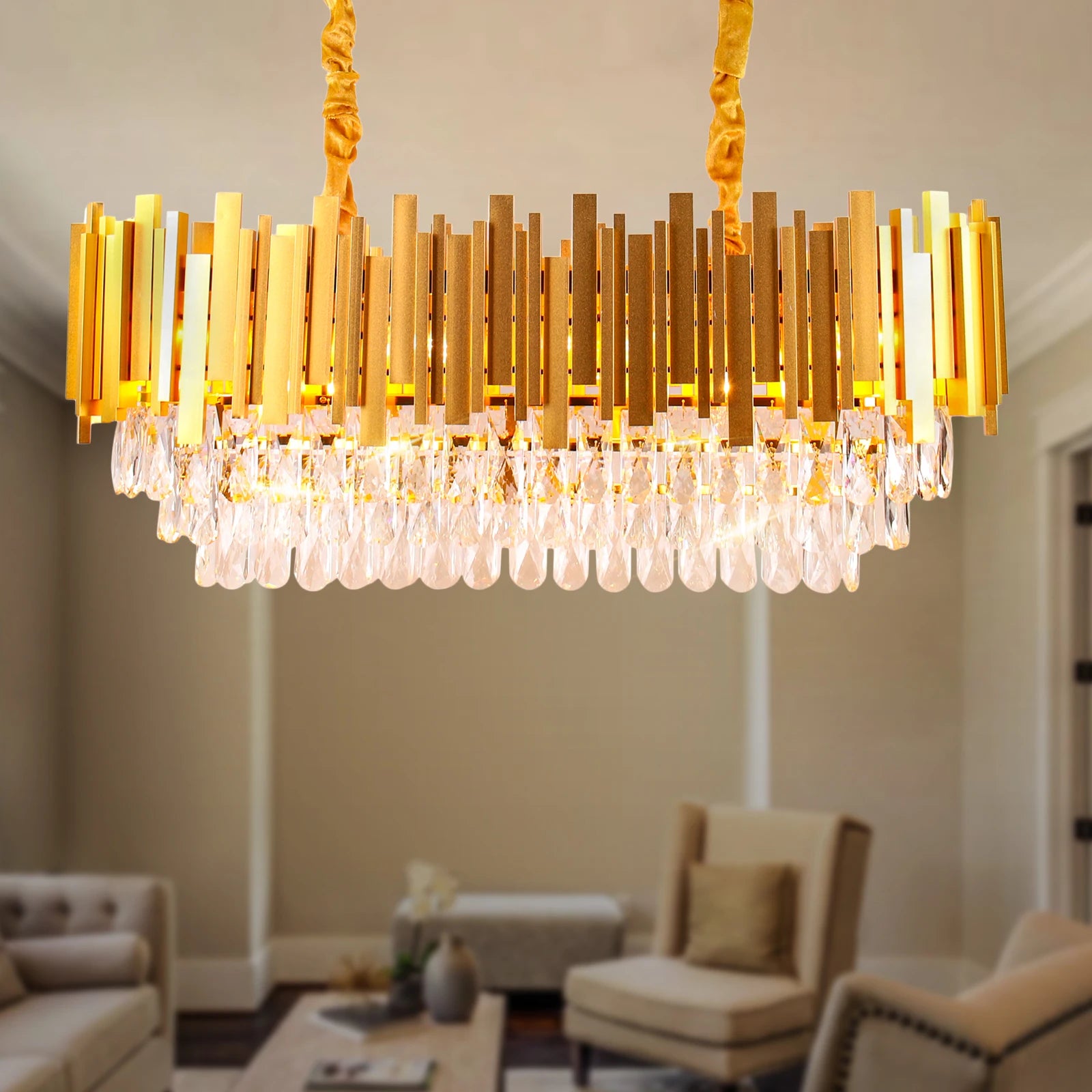 31.4'' Modern Gold K9 Crystal LED Hanging Light Chandelier Luxury Living Room E12 Lamp for Home Application