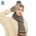 Custom Knitted Winter Hat Set Long Warm Beanie Cap Pom Pom Short Jacquard Printed Wool Scarf Gloves Set for Adults