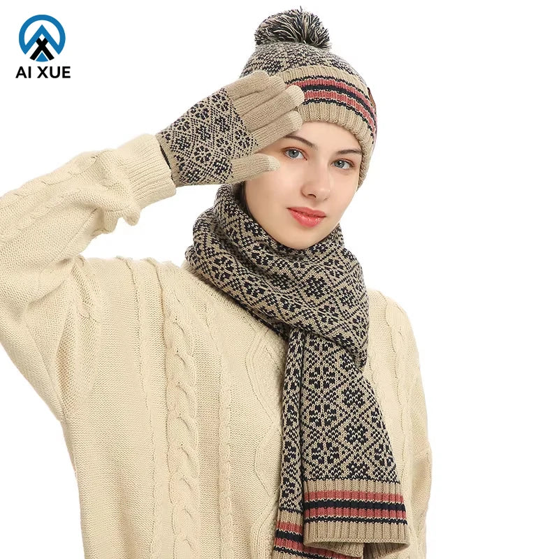 Custom Knitted Winter Hat Set Long Warm Beanie Cap Pom Pom Short Jacquard Printed Wool Scarf Gloves Set for Adults