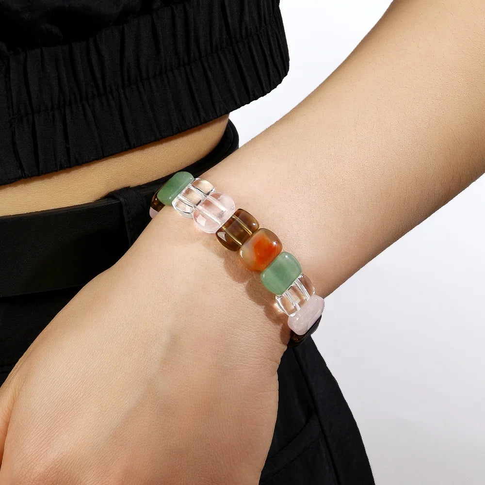 2025 Fashion Minimalist Ethnic Amethyst Rose Quartz Natural Stone Random Mixed Color Elastic Couple Geometric Shape Bracelet