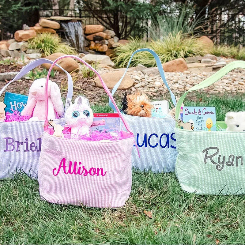Pink Stripe Easter Bucket Monogrammed Eggs Gift Bags Cute Seersucker Easter Basket