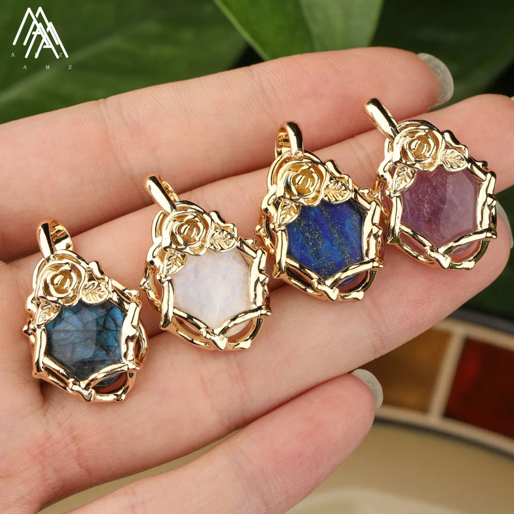 Trendy Classic Children's Pendants Natural Stone Gold/Silver Flower Charms Healing Crystal DIY Jewelry Supplies Findings