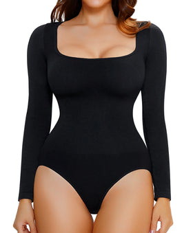 Long Sleeve Bodysuit Shapewear for Women Tummy Control Square Neck Basic Bodysuit Seamless Colombiana Body Shaper