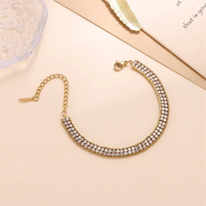 Sweat Resistant Hip Hop Iced Out CZ 2 Row 6mm PVD Gold Plated Stainless Steel Chain Clustered Tennis Bracelet for Women
