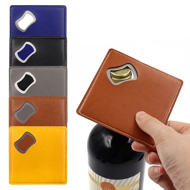 Square Stainless Steel Bottle Opener Coaster Leather Beer Bottle Opener Gift Creative Coaster for  Bar KTV
