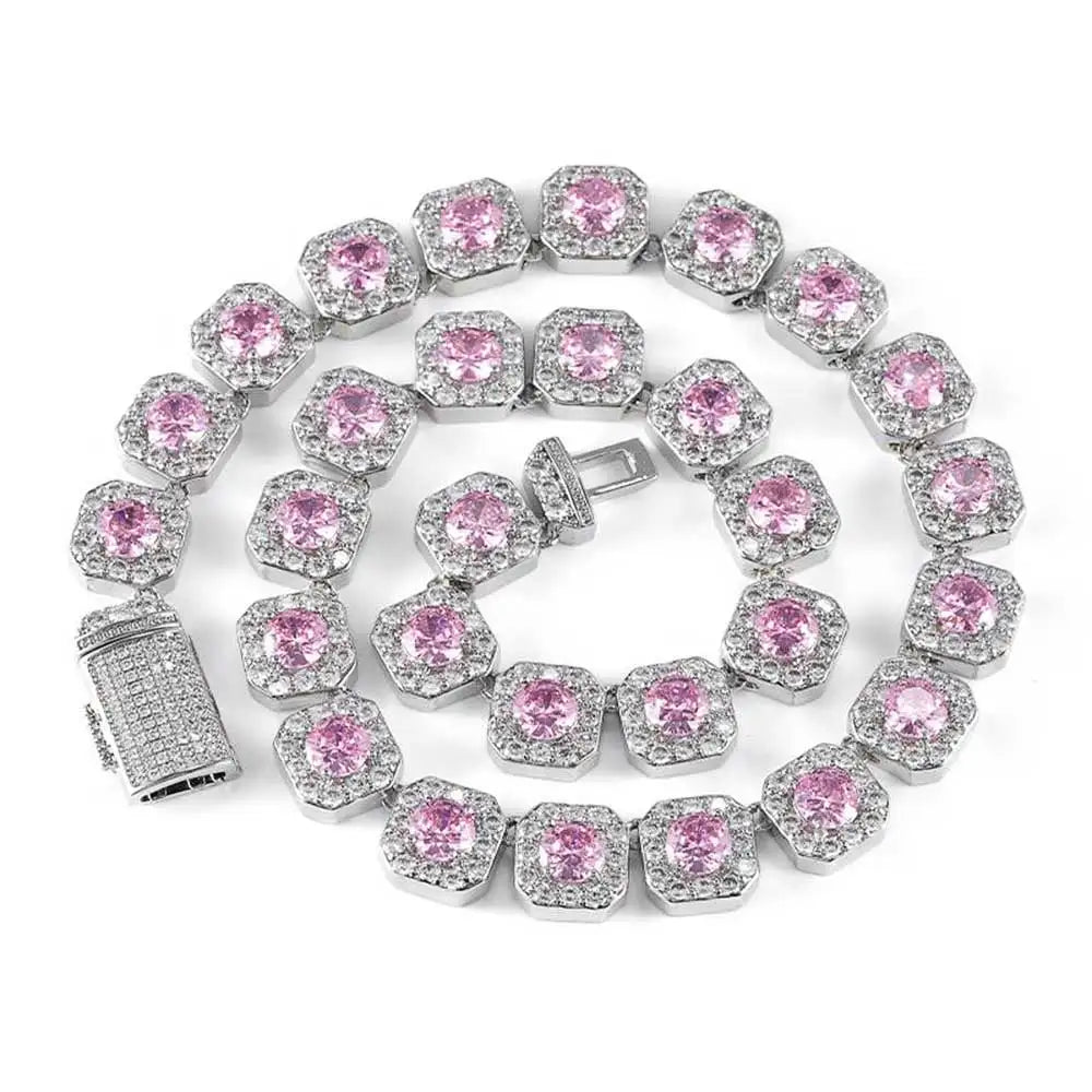 NUOYA Fashion Pink Crystal Choker for Women Micro Pave Bling CZ Stone Iced Out Cluster Tennis Chain Necklace