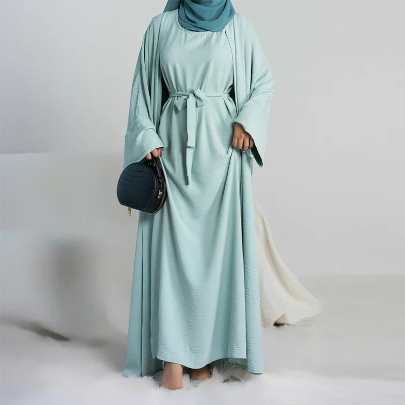 Kimono Matching Sleeveless Abaya Islamic Clothing 2 Piece Abaya Set for Muslim Women