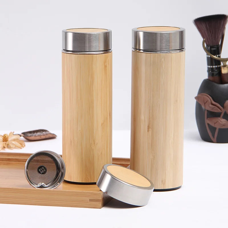 Double Wall Stainless Steel Tumbler Cups Custom Logo Bamboo Drinking Bottles Vacuum Flask Insulated Water Bottle