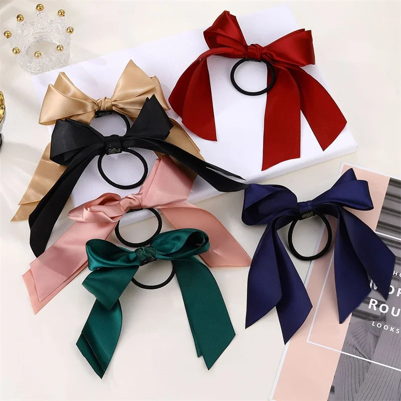 Korean Bow-Knot Elastic Hair Bands Accessories Fashion Hair Band Long Ribbon Bow Ponytail Hair Tie Scrunchies Women Girls