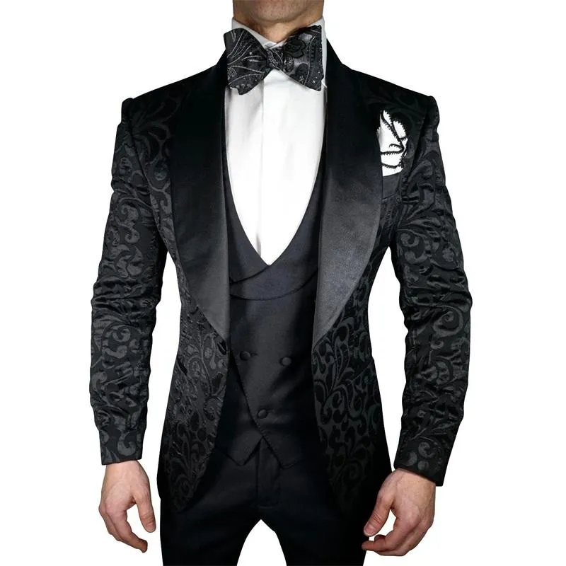 Luxury Black Jacquard Men's Suits Blazers Jacket Pants Vest 3 Piece Groom Tuexdos for Wedding Formal Prom Party Suits