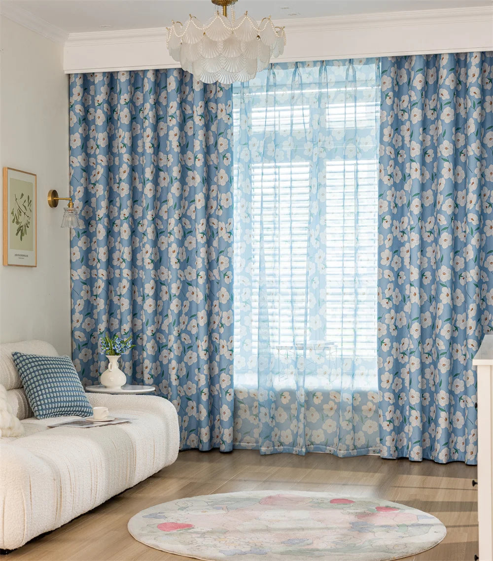 New Collection 100% Polyester Ready Made Printed Flower Curtain Blue Floral Curtain Full Blackout Drapes for Living Room
