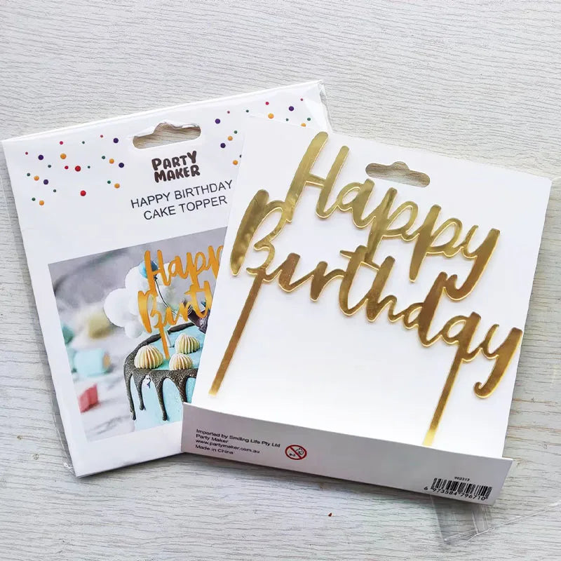 902313 Happy Birthday Cake Topper 1pc Disposable Party Decoration Plastic Acrylic Food Contact Safe Gold 14x13.5cm Partymaker
