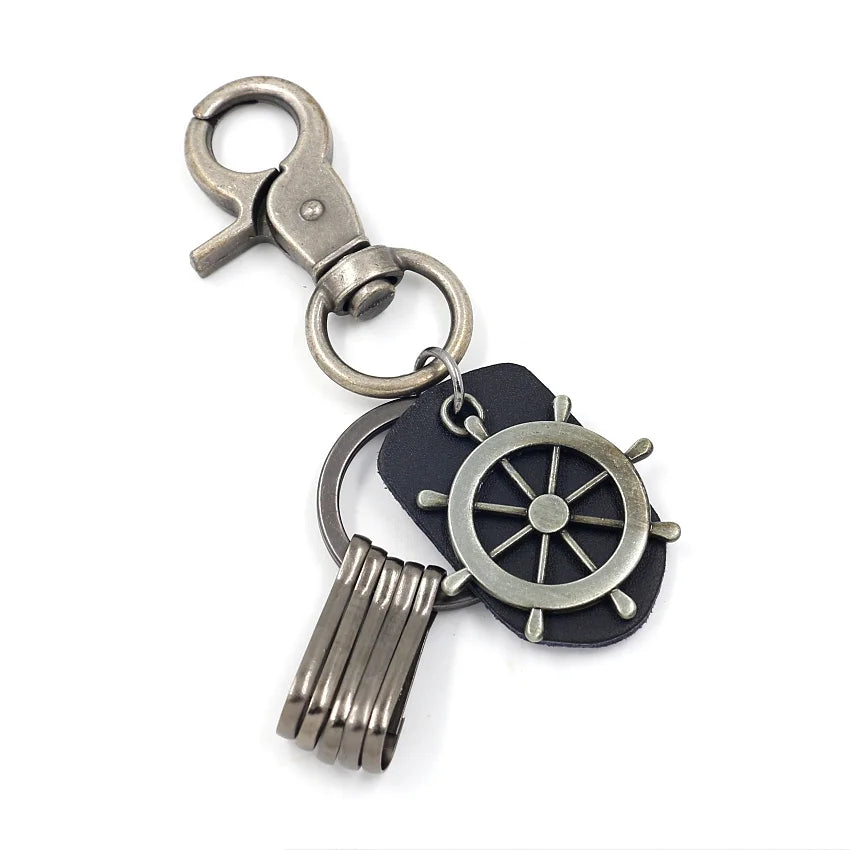 Punk Accessories Leather Keychain Multi-purpose Alloy Anchor Rudder Pendant Keyring Hook for Men
