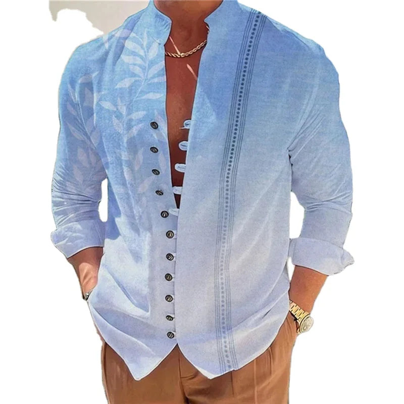 RNSHANGER Fashion Stand Collar Men Shirts Autumn 3D Print Single-breasted Cardigan Blouse Loose Male Daily Casual Shirts