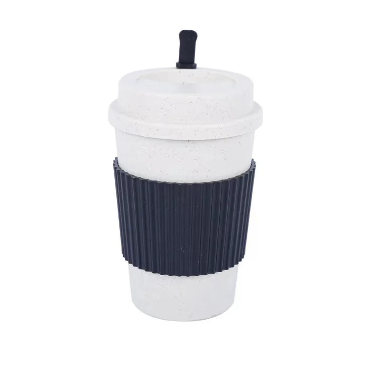 400ml Eco Friendly Reusable Straw Wheat Fiber Coffee Tea Cup with Lid and Non Slip Sleeve