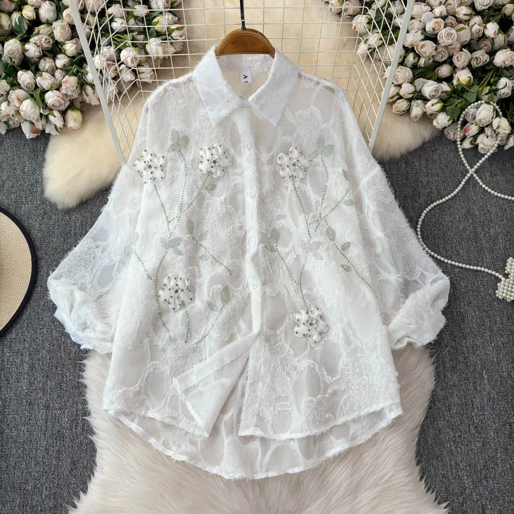French Style Women's New Long Sleeved Shirt Diamond Inlaid Three-dimensional Flower Embroidery Versatile Slimming Chiffon Shirt