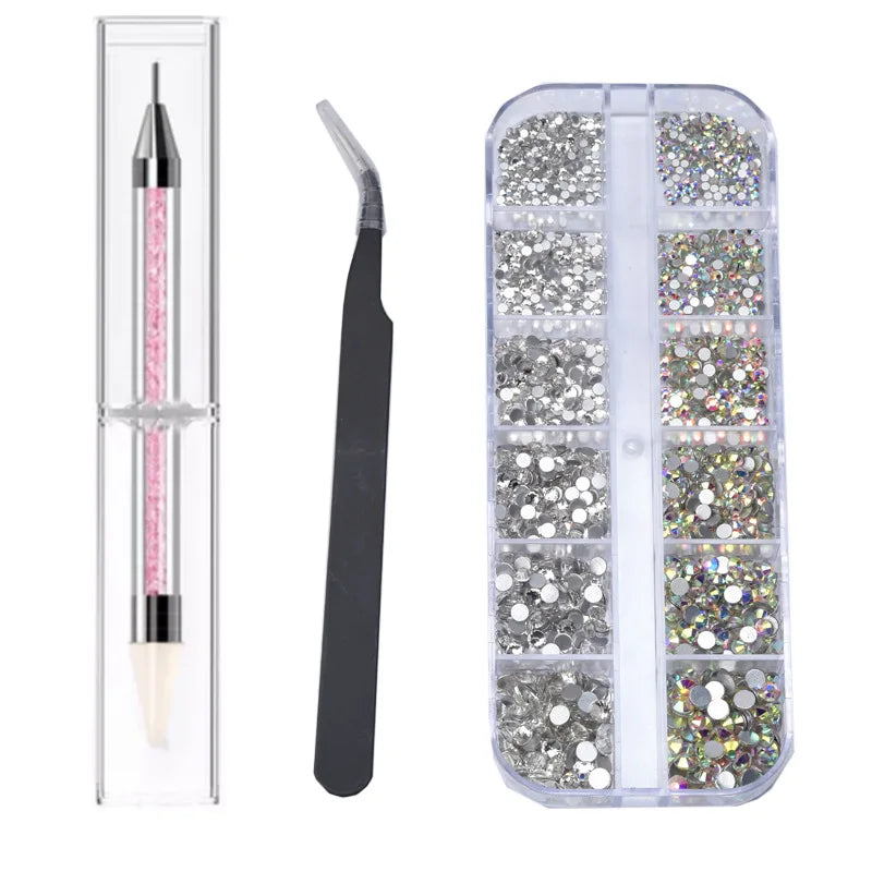 Hot Sell Double Head Nail Dotting Crayon Kit with 1440 Pcs Rhinestones and Nipper Professional Nail Dotting Wax Pen Set