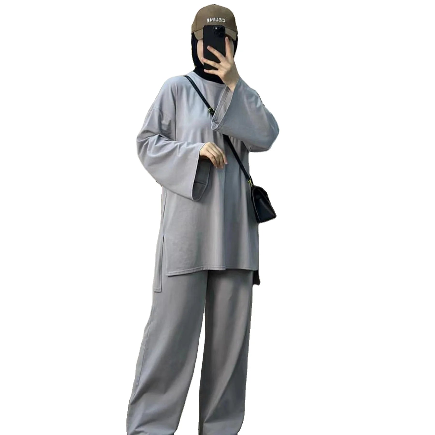 Wholesale New Middle East Dubai Turkey Soft Breathable Solid Loose Two Piece Set Muslim Woman Clothes for Casual Daily Wear