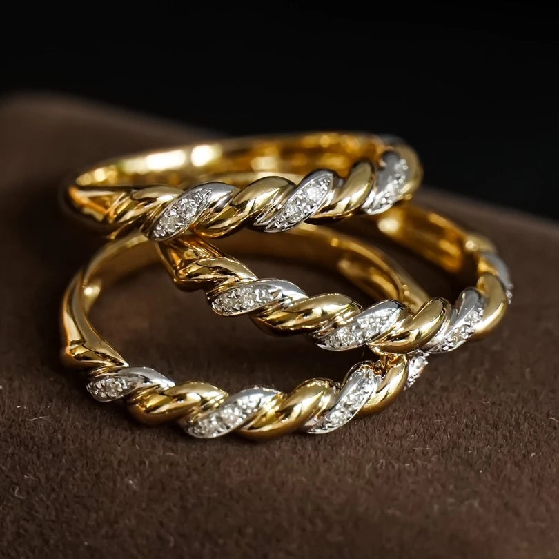 H&F Customizable Si Natural Diamond Ring 18K 14K 9K Gold 2 Color Twist Design-White & Yellow Gold for Weddings