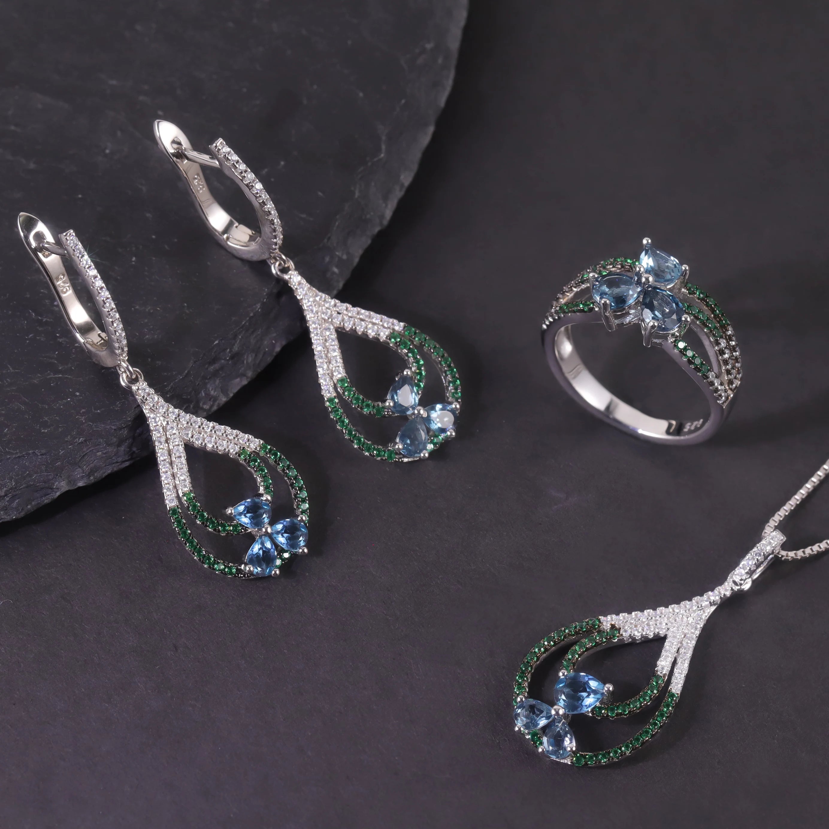 W0467 Wholesale Friendship Jewelry 925 Sterling Silver Natural London Blue Topaz Rhodium Plated Modern Blue Stone Jewellery Set