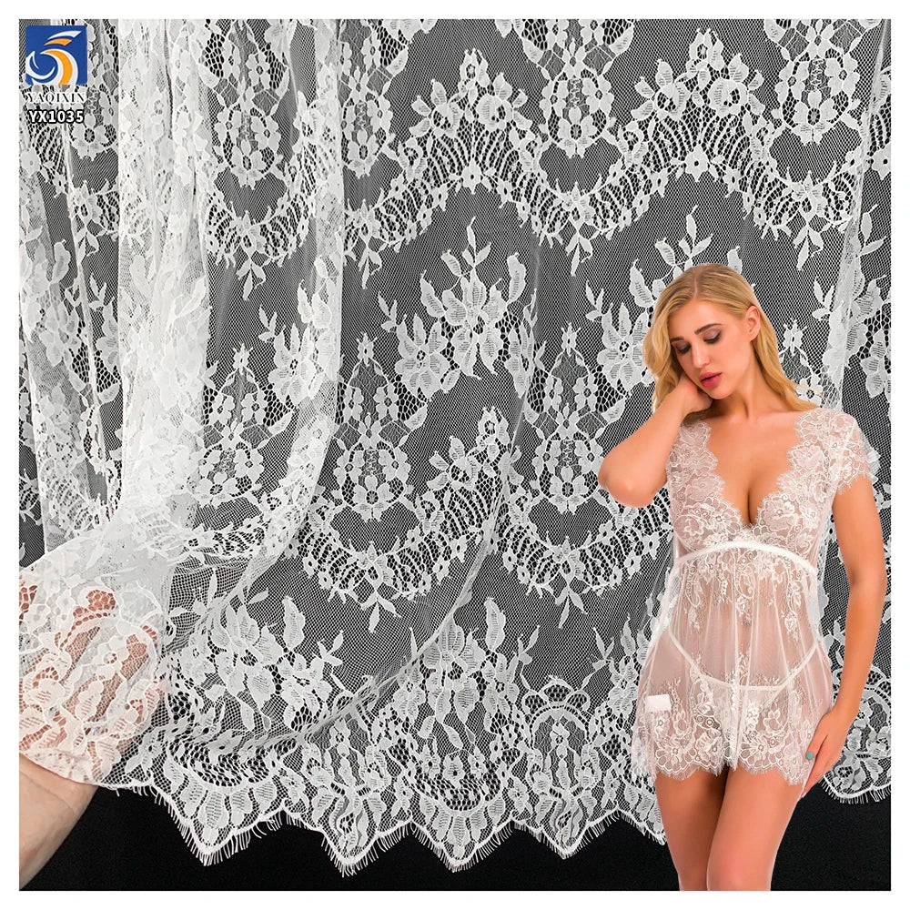 YX1035 China Customizable Eyelash Lace Fabrics Polyester French Inexpensive Florals Textile Eyelash Lace Fabrics 10 Yards