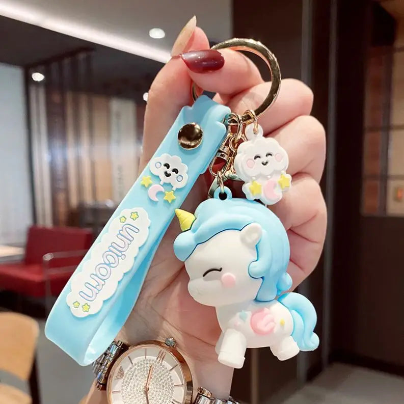 Girl Purse Charms Wristband Strap Kawaii Keychains Key Holder Bag Charms Pendant 3D PVC Rubber Cute Cartoon Unicorn Keychain