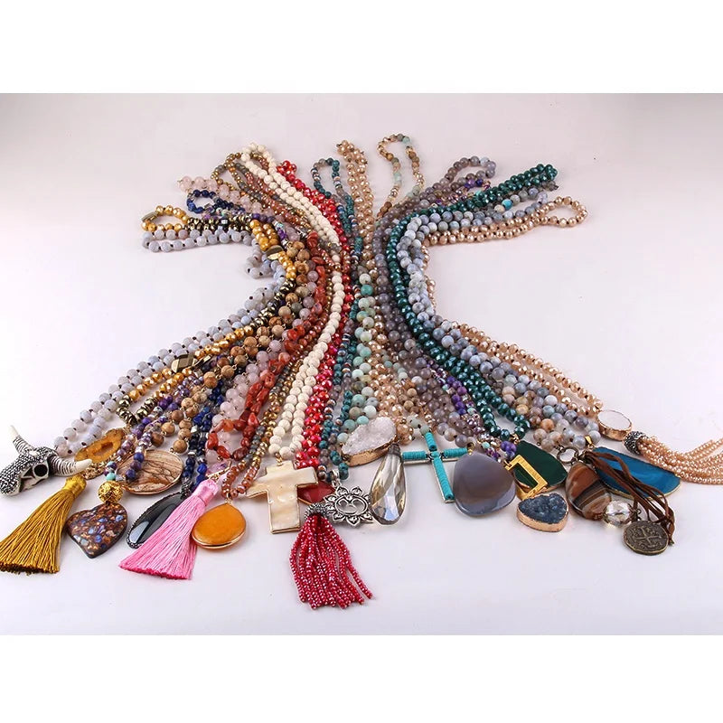 Women Xmas Necklace 20pc Different Design Mix Natural Stone Necklace Crystal Glass Ox-head Drop Tassel Necklace Jewelry Set