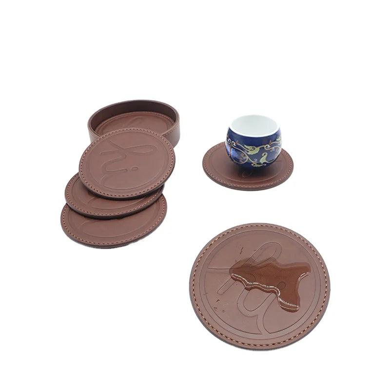 Hot Sale Durable Waterproof Silk Screen Printed Custom Logo Coffee Cup Mat Wholesale Round Pu Leather Cup Coasters
