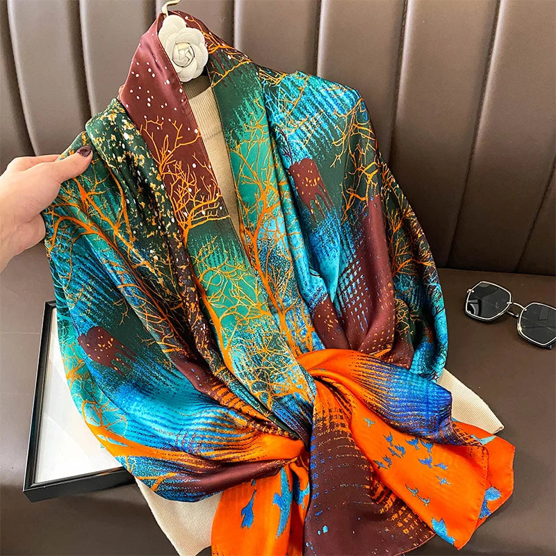 Hot Selling Luxury Orange Tree Printed Hangzhou Silk Scarf Shawl New Style Soft Large Hijab for Women Long Summer Accessory