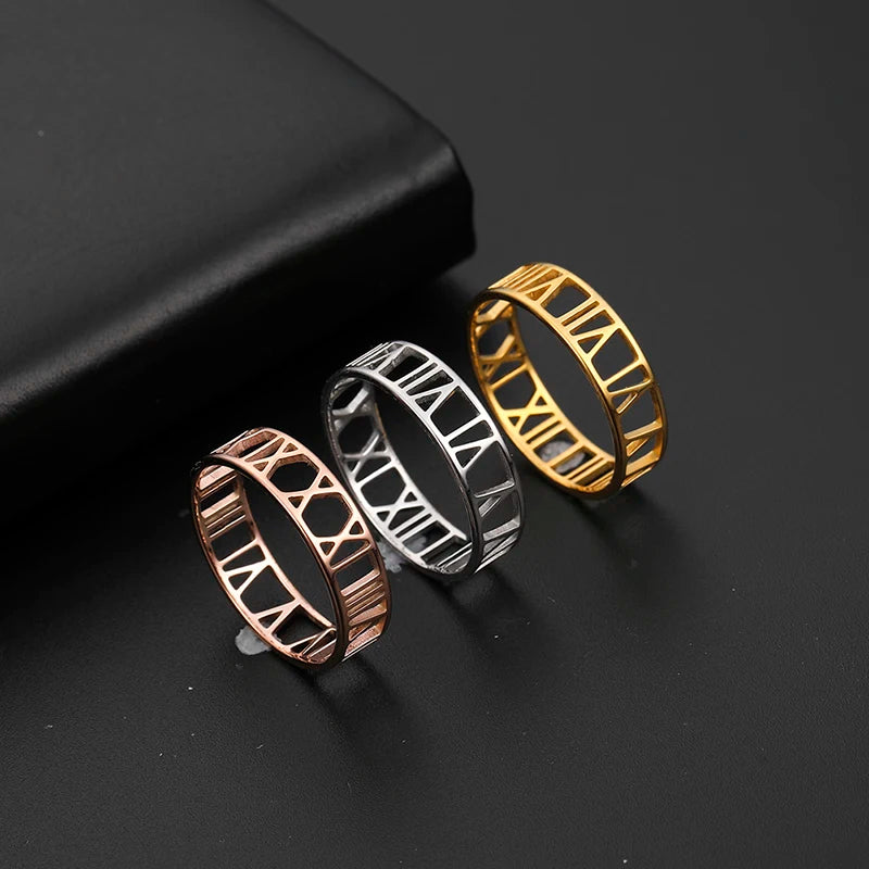 Hollow 12 Custom Roman Numerals Ring Master Your Time Rose Gold Stainless Steel Jewelry Lovers' Wedding Bands Latest Designs