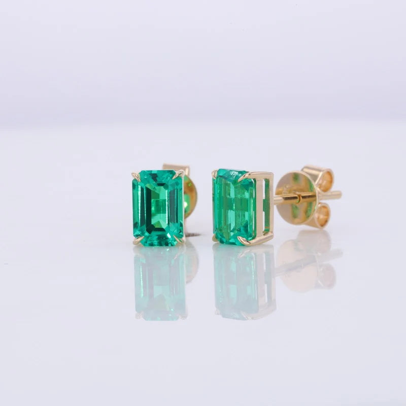 Simple Design  4x6mm Octagon Shape Lab Emerald Stud Earrings for Women 14K Soild Yellow Gold Studs