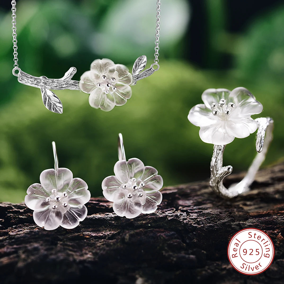 Custom 925 Sterling Silver Natural Crystal Jewelry Sets Rings Earrings Flower in the Rain Original Design for Women