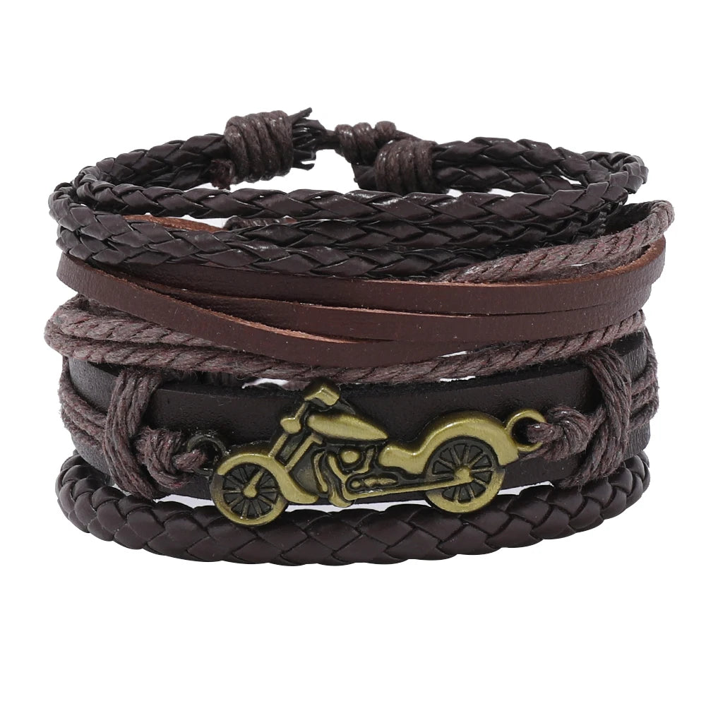 New Arrival Men's Vintage Genuine Leather Multilayer Bracelets Set Multilayer Fashion Bangles for Motorcyclists Fashion Jewelry