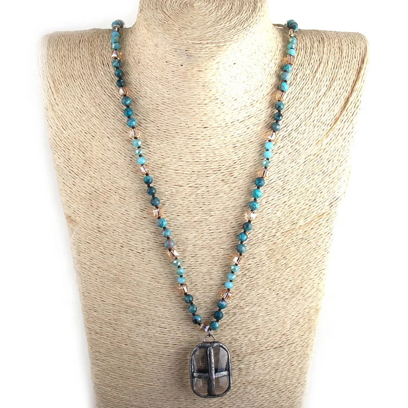 Fashion Women Bohemian Jewelry 6mm Natural GemStone Crystal Glass Knotted Amazonite Necklace lava Solider Star Pendant Necklace