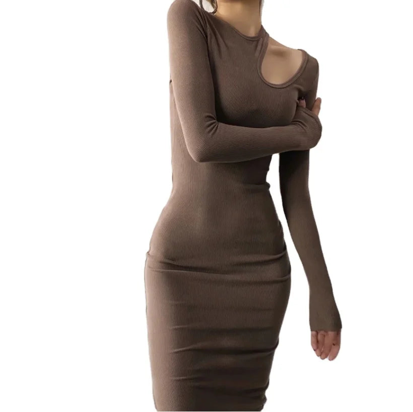 Women Knit Dresses Spring Autumn Off Shoulder Full Sleeve  Bodycon Sheath Mid-Calf Midi Bodycon Dress Casual Elastic Body Dress