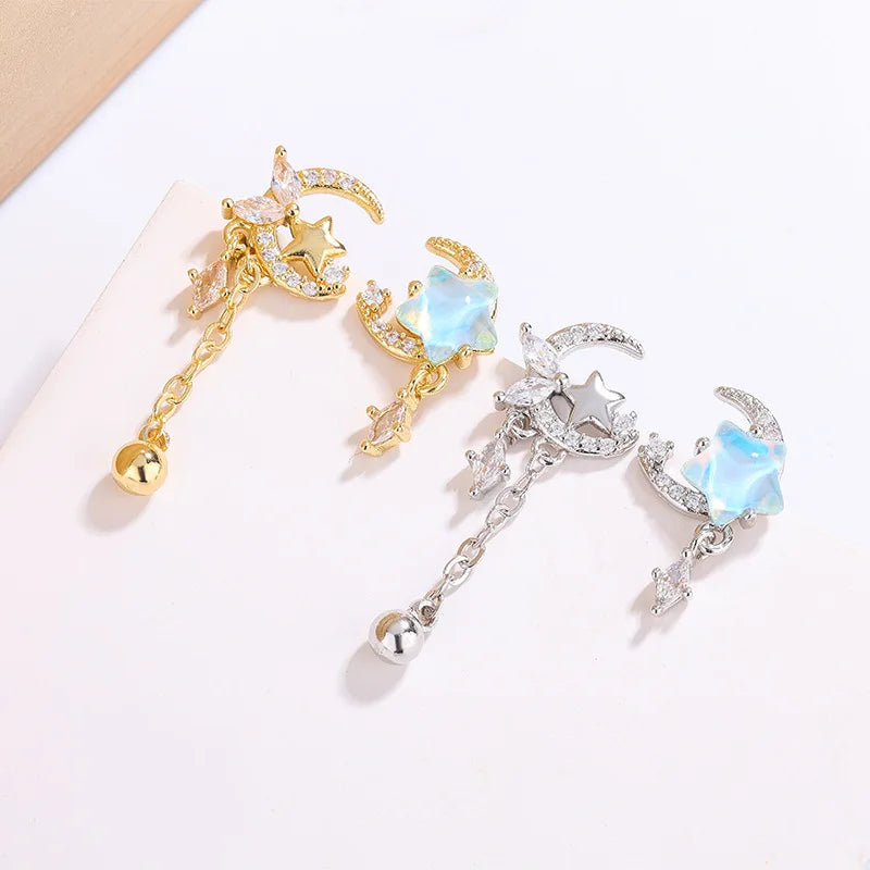 Meetyoo 14K Gold Plated Women Asymmetric Star Moon Tassel Stud Earrings Not Allergic Brass Trendy AB Style Stud Fashion Earrings