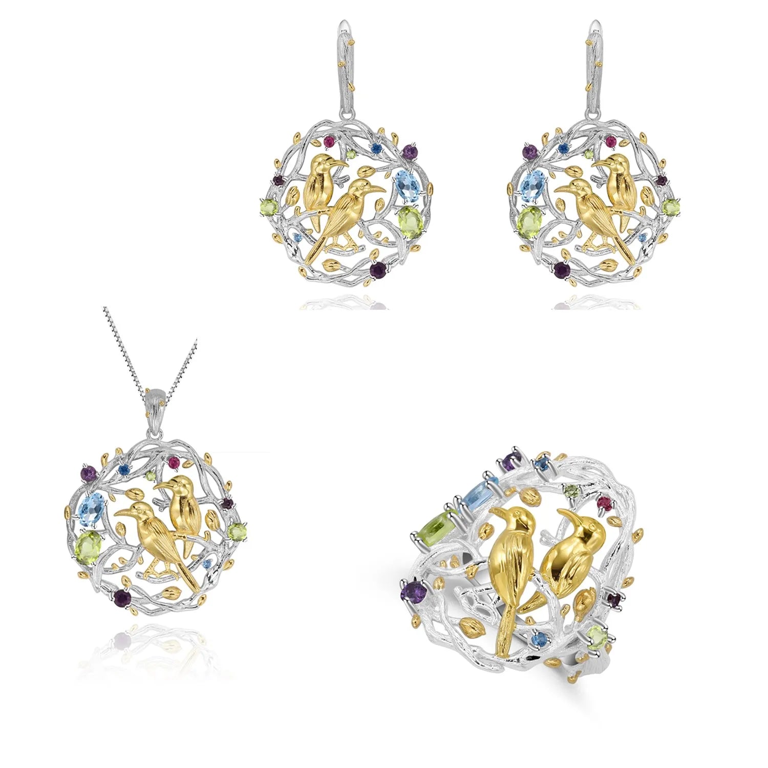 Abiding Handcrafted Jewelry Bird Garden 925 Sterling Silver Animal Fine Jewelry Natural Gemstone Jewelry Set
