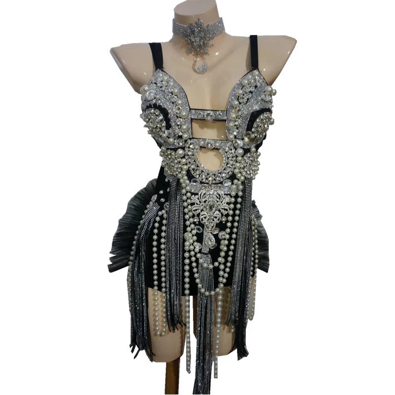 Pearl Tassels Rhinestones Sexy Bodysuit Dress Crystal Jumpsuit Female Diamond Nightclub Bar Singer Stage Show Costume