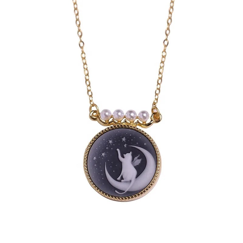 Top Selling Cat Star Moon Necklace Silver Jewelry Set With Cameo Stone and Pearl in Tik Tok