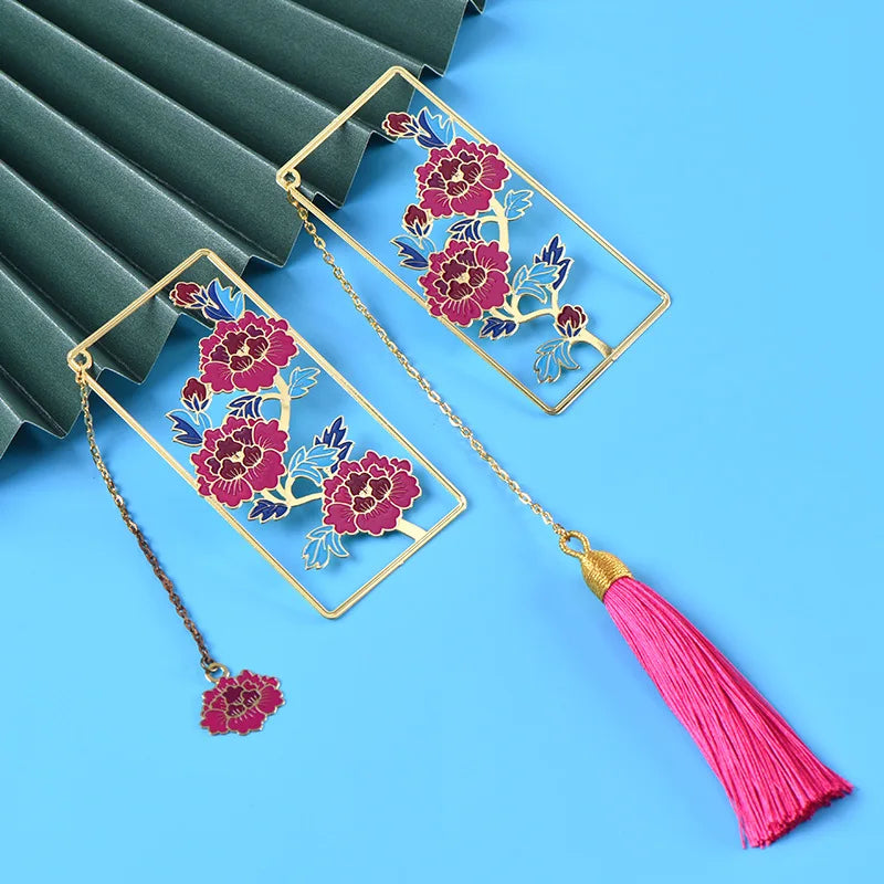 Custom Red Pink Flowers Metal Tassel Brass Bookmark Chinese Traditional Art Style Pendant Pagination Mark Valentine's Day Gift