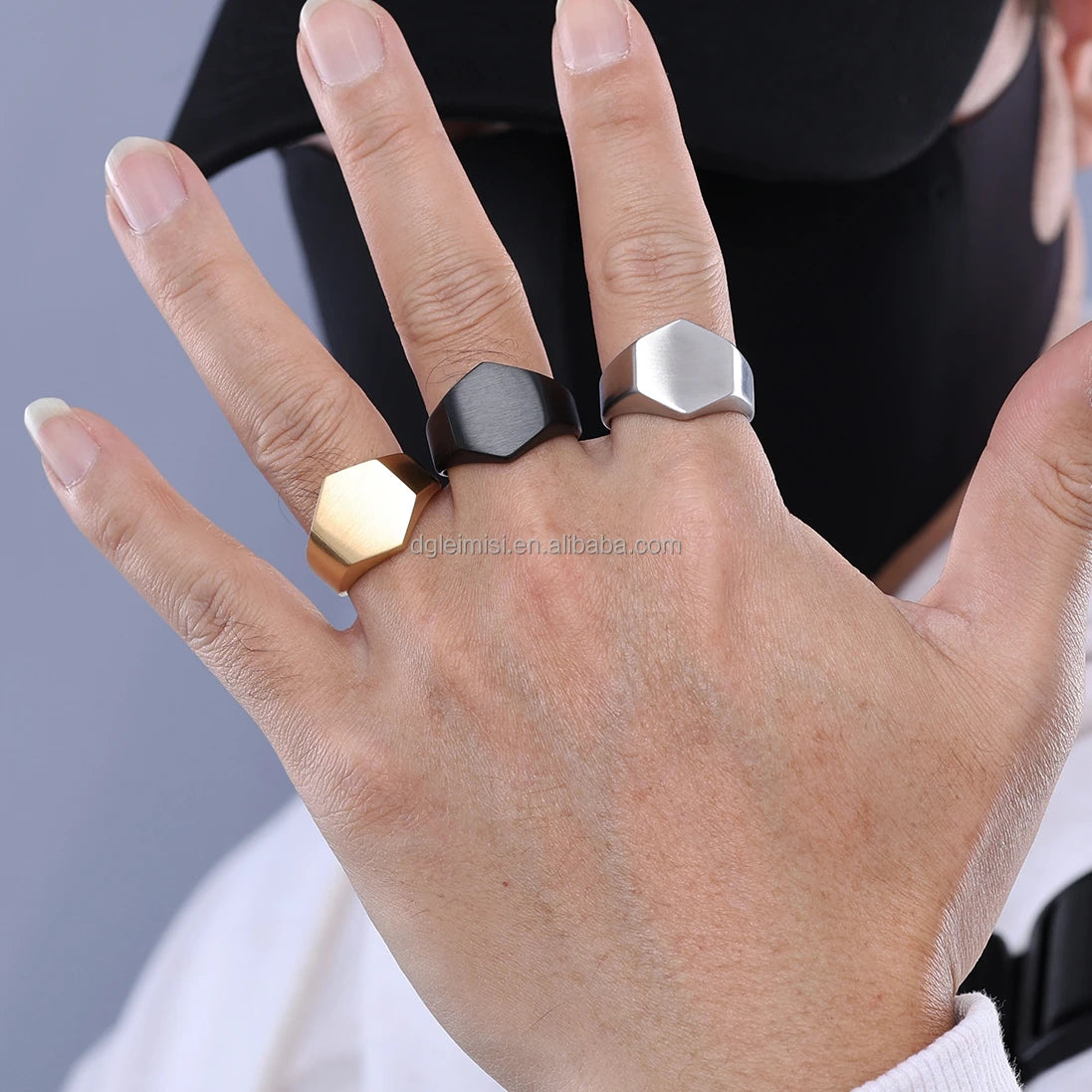 Simple Stainless Steel Hexagon Signet Ring Classic Geometric Solid Silver Gold Plated Hexagon Engagement Dome Band Ring