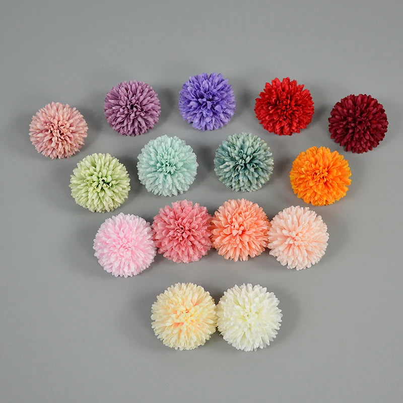 Hot Sale 7cm Handmade Silk Ball Chrysanthemum Colorful Artificial Flower Head for Cake Decoration Soft and for Valentine's Day