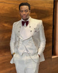 White Jacquard Design 3 Pieces Men Suits Wedding Formal Blazer Man Tuxedos Groom Men Suit(Jacket+Vest+Pant) Custom Made
