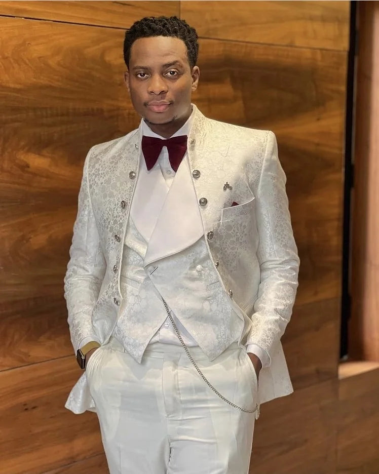 White Jacquard Design 3 Pieces Men Suits Wedding Formal Blazer Man Tuxedos Groom Men Suit(Jacket+Vest+Pant) Custom Made