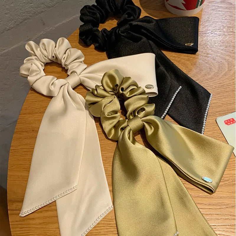 INS Popular Big Bow Scrunchies Solid Color Satin Silk Scrunchies High Quality Hair Bands French Temperament Hair Accessories