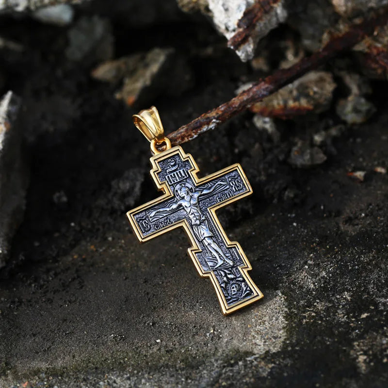 Ss8-210p Part Gold Jesus Cross Men's Stainless Steel Crucifix Eastern Orthodox Pendant Chain Necklace Jewelry