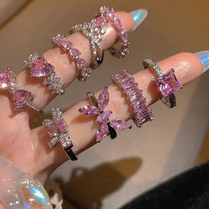 INS Luxury Delicate Bling Sweet Pink Zircon Finger Ring Women's Wedding Metal Geometric Heart Butterfly Adjustable Girls Ring