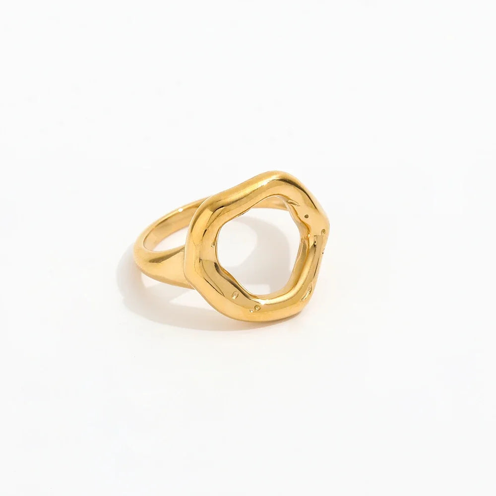 Fenny 18K Gold Plated Wholesale Unique Irregular Big Hollow Linellae Stainless Steel Finger Ring Trend for Women
