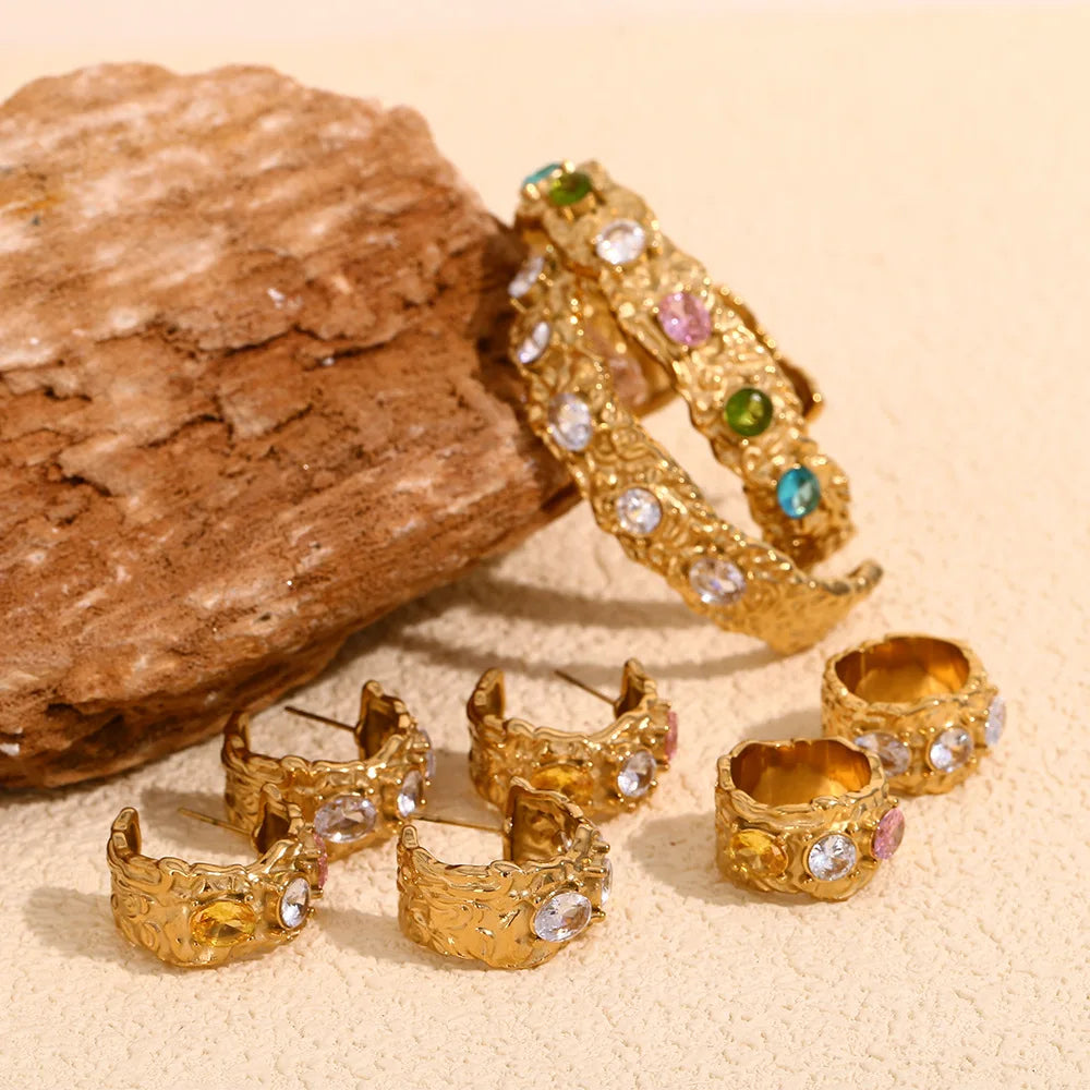 Fashion Jewelry Set Irregular Hammered Colorful Zircon 316L Stainless Steel Jewelry Set Gold Plated Bangle Earring Ring Set